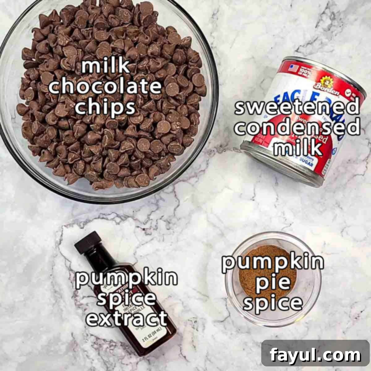 Overhead shot of ingredients for microwave pumpkin fudge: milk chocolate chips, sweetened condensed milk, pumpkin pie spice, and pumpkin spice extract.