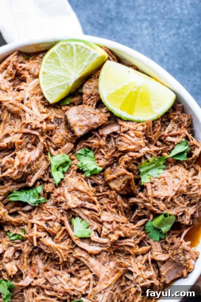 Slow Cooker Mexican Beef Barbacoa 2 Overhead shot of beef barbacoa in a large white bowl on a blue counter.