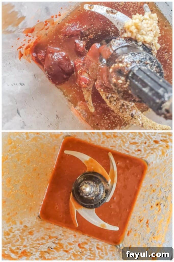 Slow Cooker Mexican Beef Barbacoa 3 Prep image showing sauce for beef being made in a blender.