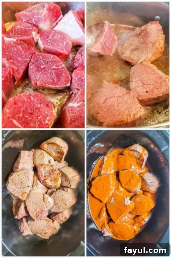 Slow Cooker Mexican Beef Barbacoa 4 Prep image showing four images of beef being browned then added to a large slow cooker.