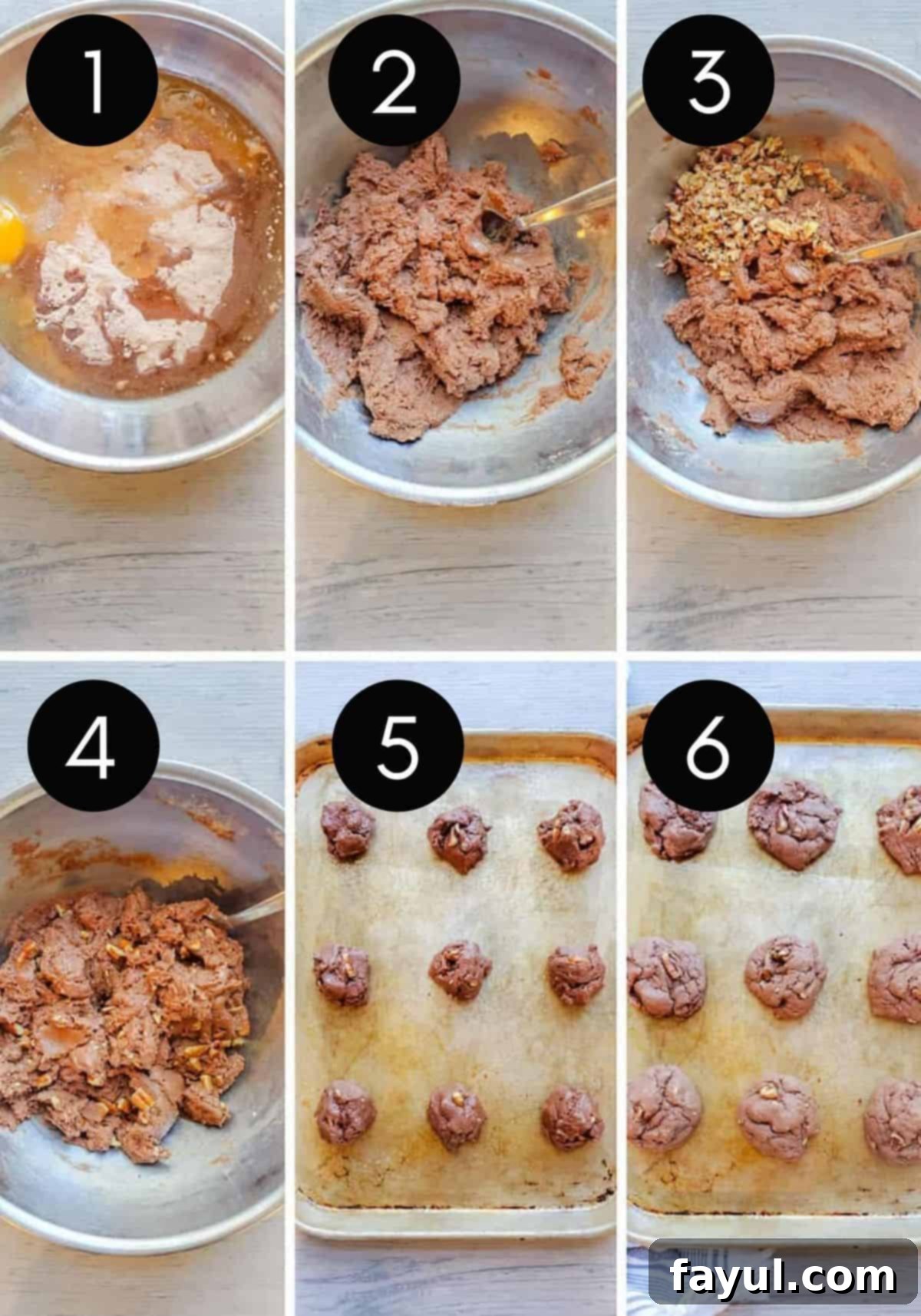 Prep image collage showing 6 images of cookie dough being made, scooped, and then baked on a sheet pan, illustrating the baking process.