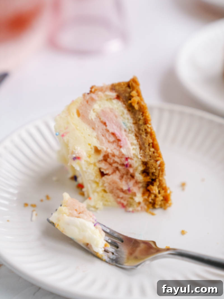 Delicious Funfetti Birthday Cheesecake slice with colorful sprinkles