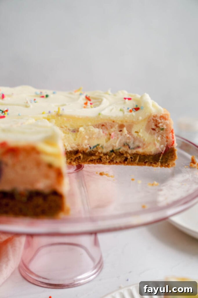 Sliced Birthday Cheesecake with funfetti and creamy layers