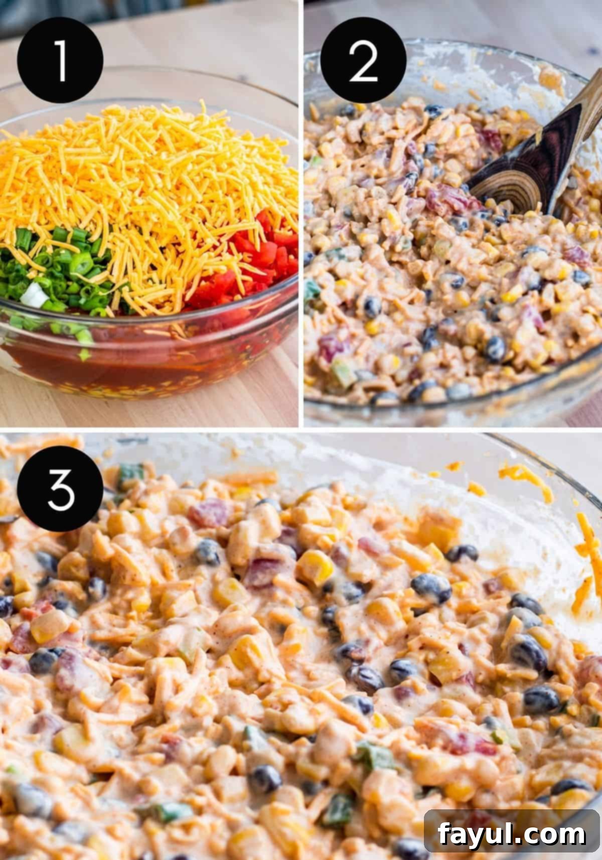Three-image collage showing the preparation steps of the Fiesta Corn Dip in a glass bowl with numbered steps.