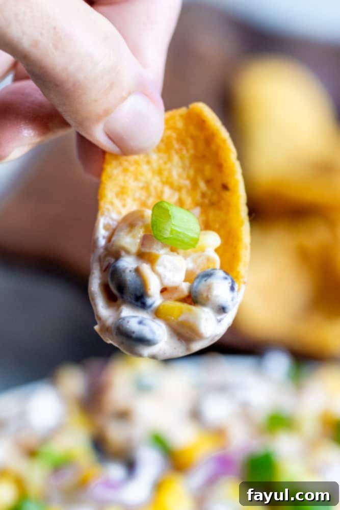 A hand holds a Frito's chip loaded with creamy Fiesta Corn Dip, ready to be enjoyed.