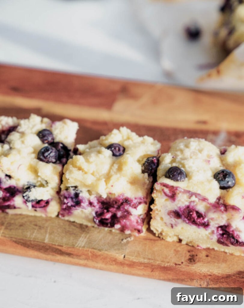 Two blueberry pie bars, one with a bite taken out, showcasing the layers