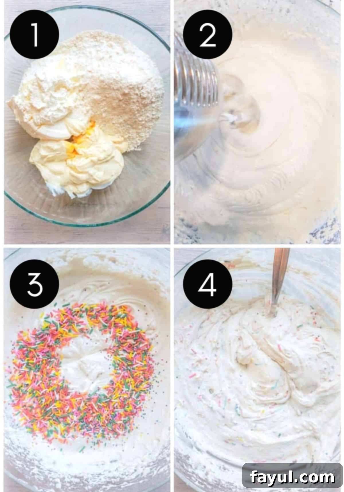 The Ultimate Funfetti Dunker Dip 4 Prep image collage with numbered photos showing step by step of dunkaroo dip being made, from combining ingredients to chilling and adding sprinkles.