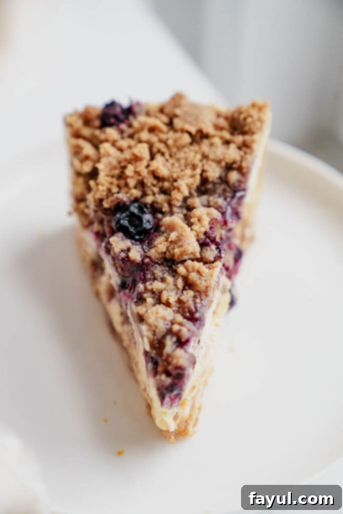 Overhead view of a whole Blueberry Muffin Cheesecake with fresh blueberries and crumble on top.