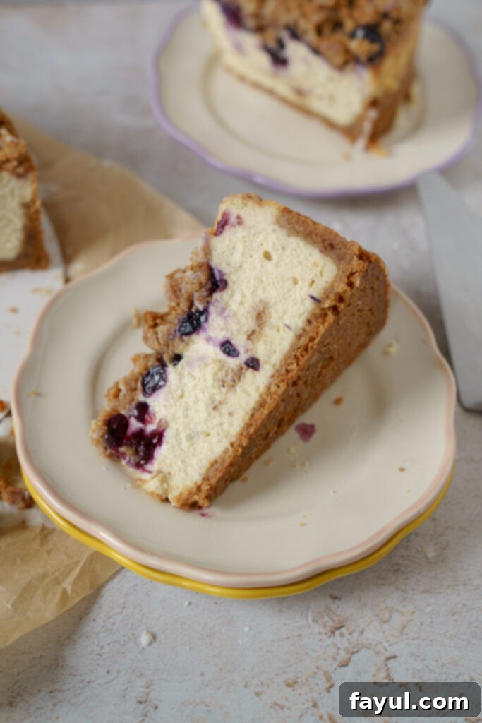 A whole Blueberry Muffin Cheesecake on a white stand, showcasing its golden crumble topping.