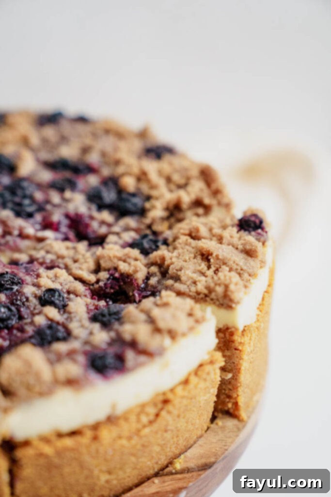 A slice of Blueberry Muffin Cheesecake with streusel topping and fresh blueberries on a white plate.