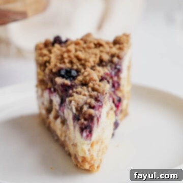 Blueberry Muffin Cheesecake with streusel topping and fresh blueberries, ready to be served.