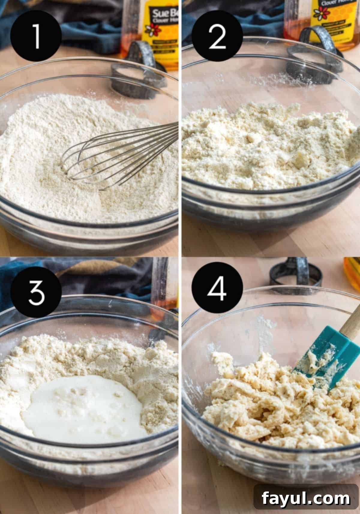 Four ingredient prep image showing dough being made in glass bowl. The initial mixing of flour and butter, followed by buttermilk, for homemade Southern biscuits.