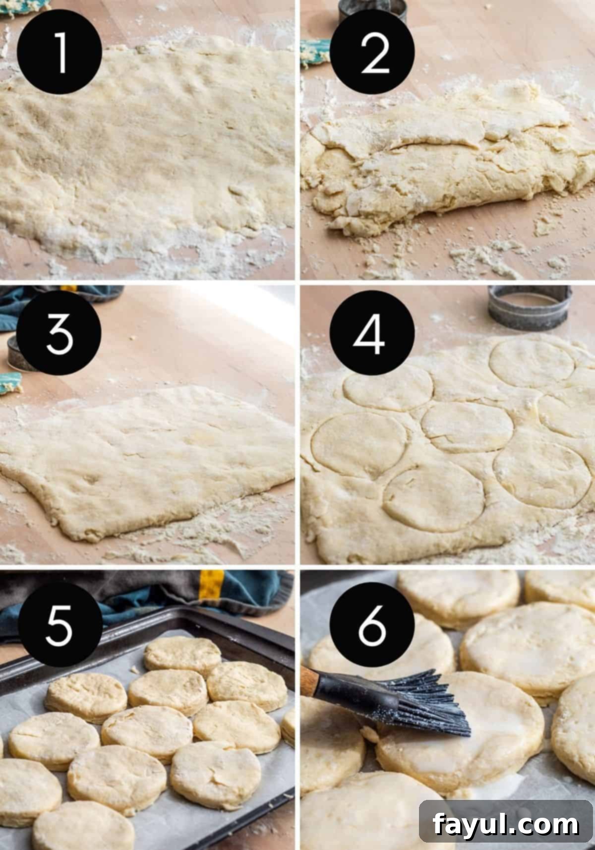 Six prep image collage of dough being rolled, cut and then baked. Illustrating the process of making Southern buttermilk biscuits, from mixing to cutting to baking.