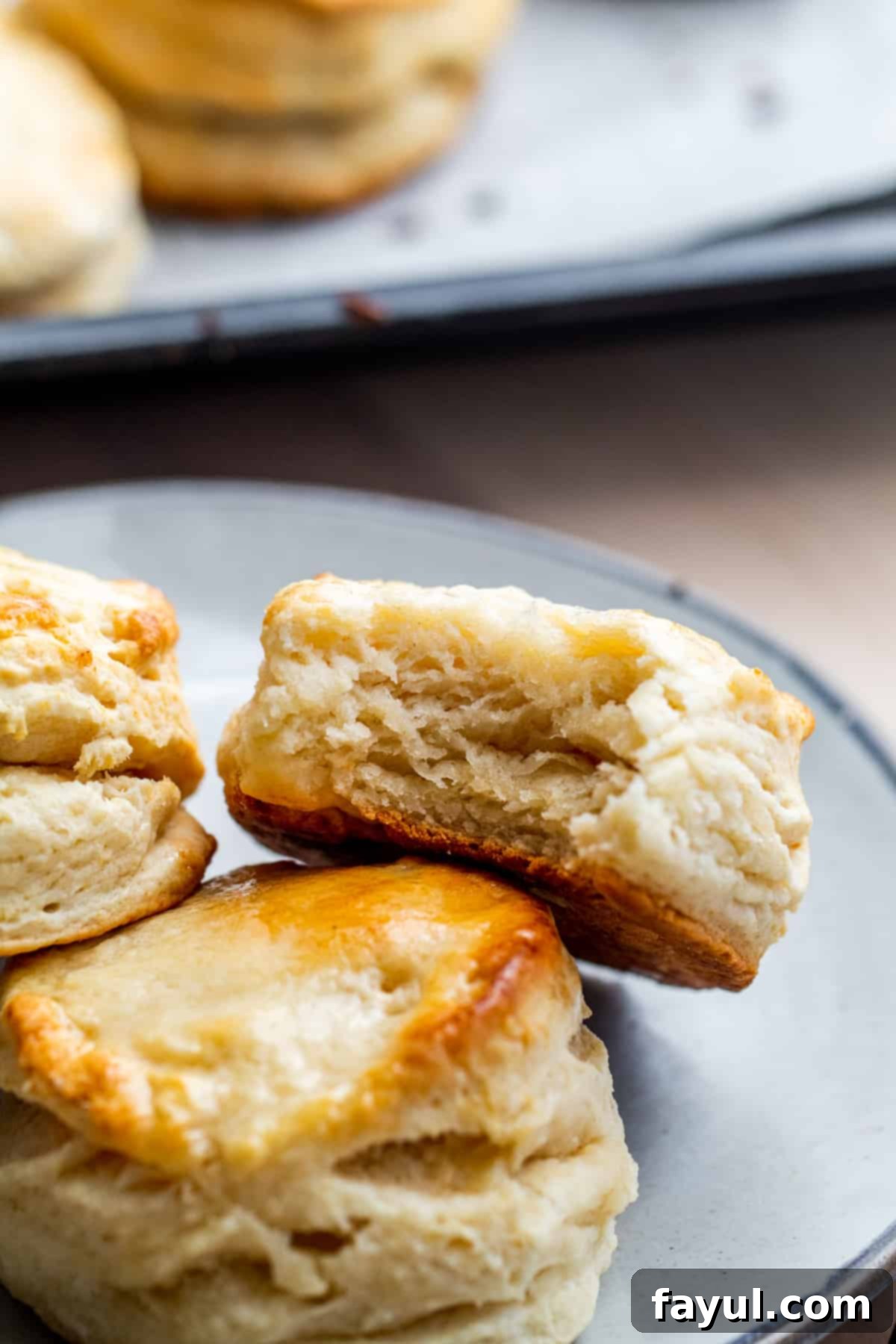 biscuit resting on top of other biscuits with bite out of it. A warm, flaky Southern buttermilk biscuit with a bite taken out, showing its tender interior.