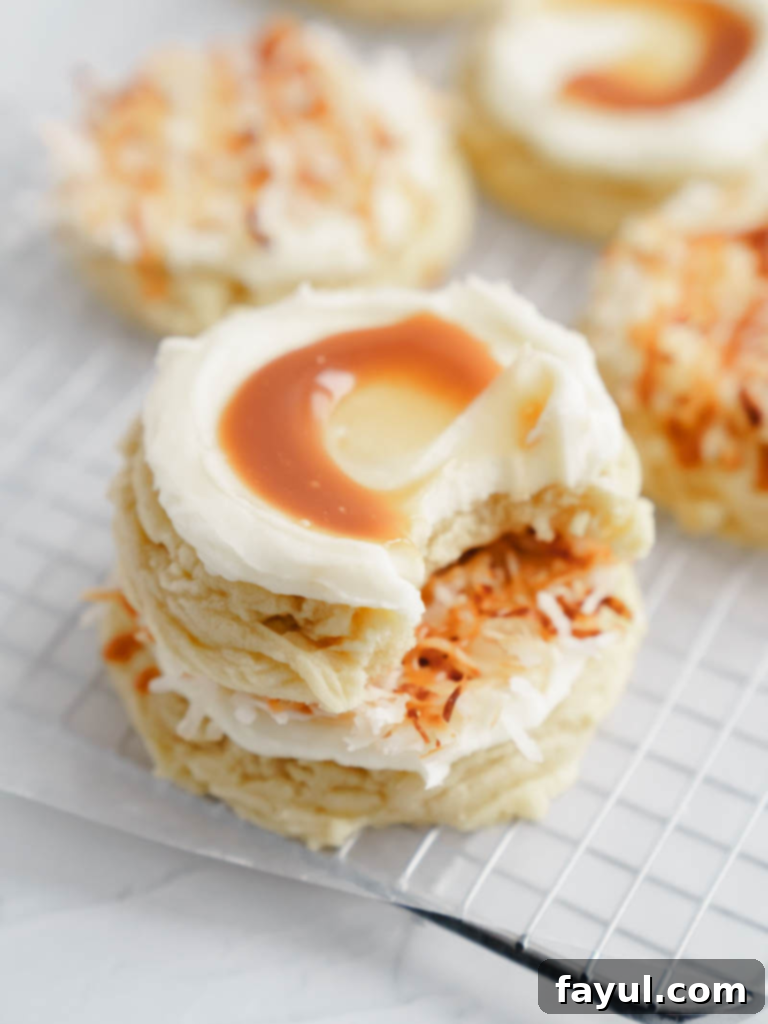 Frosted Coconut Caramel Sugar Cookies - close-up of a cookie with caramel swirl