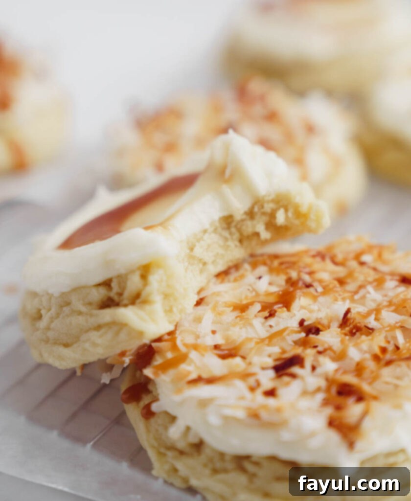 A close-up of the caramel swirl on a frosted coconut sugar cookie