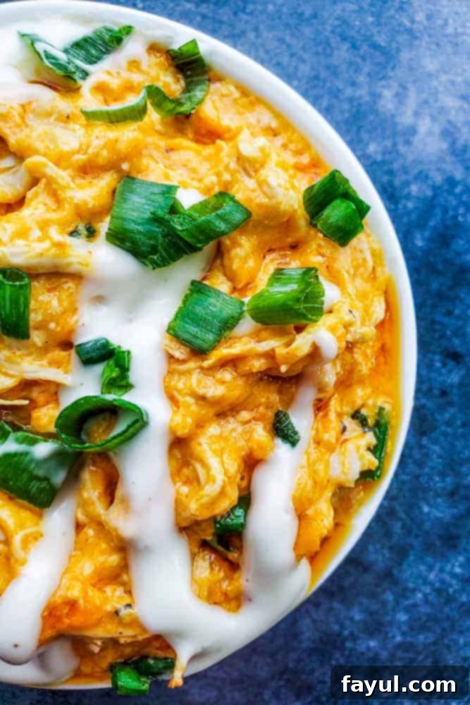 Overhead close up shot of rich, bubbly baked buffalo chicken dip in a white bowl, garnished with fresh herbs.