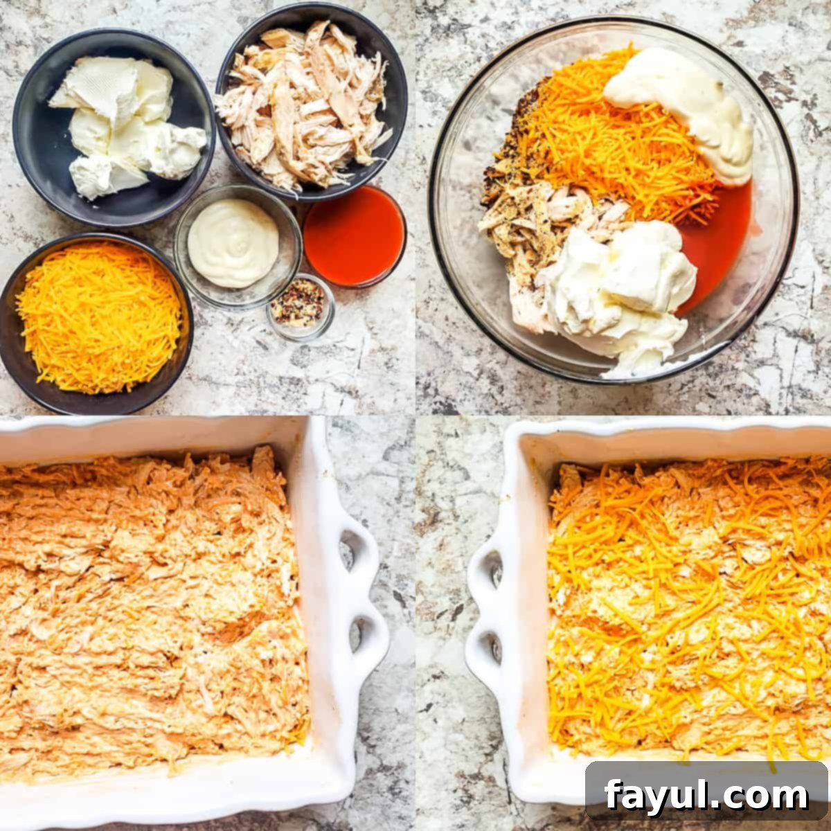 Step-by-step prep images for baked buffalo chicken dip, showing ingredients and mixing stages.