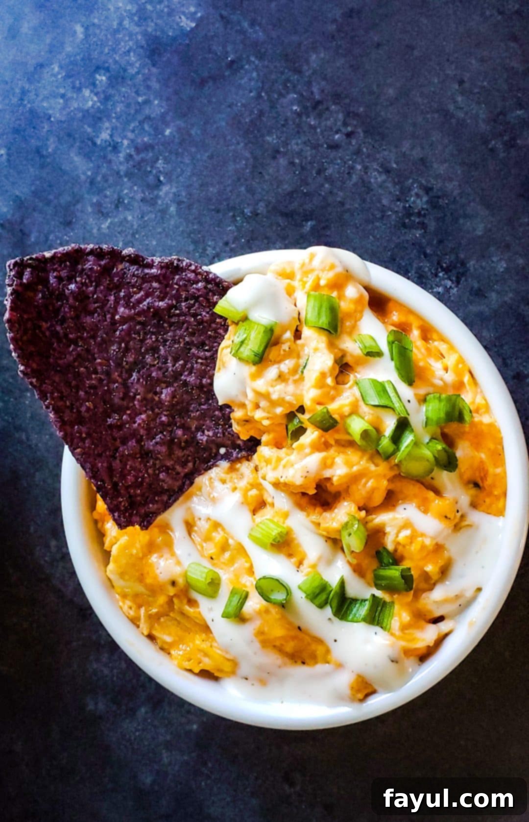 Close-up of a blue tortilla chip being dipped into a white bowl of Baked Buffalo Chicken Dip.