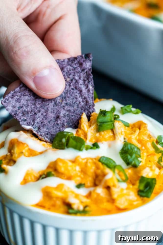 A hand dipping a vibrant blue tortilla chip into a creamy white bowl of buffalo chicken dip.