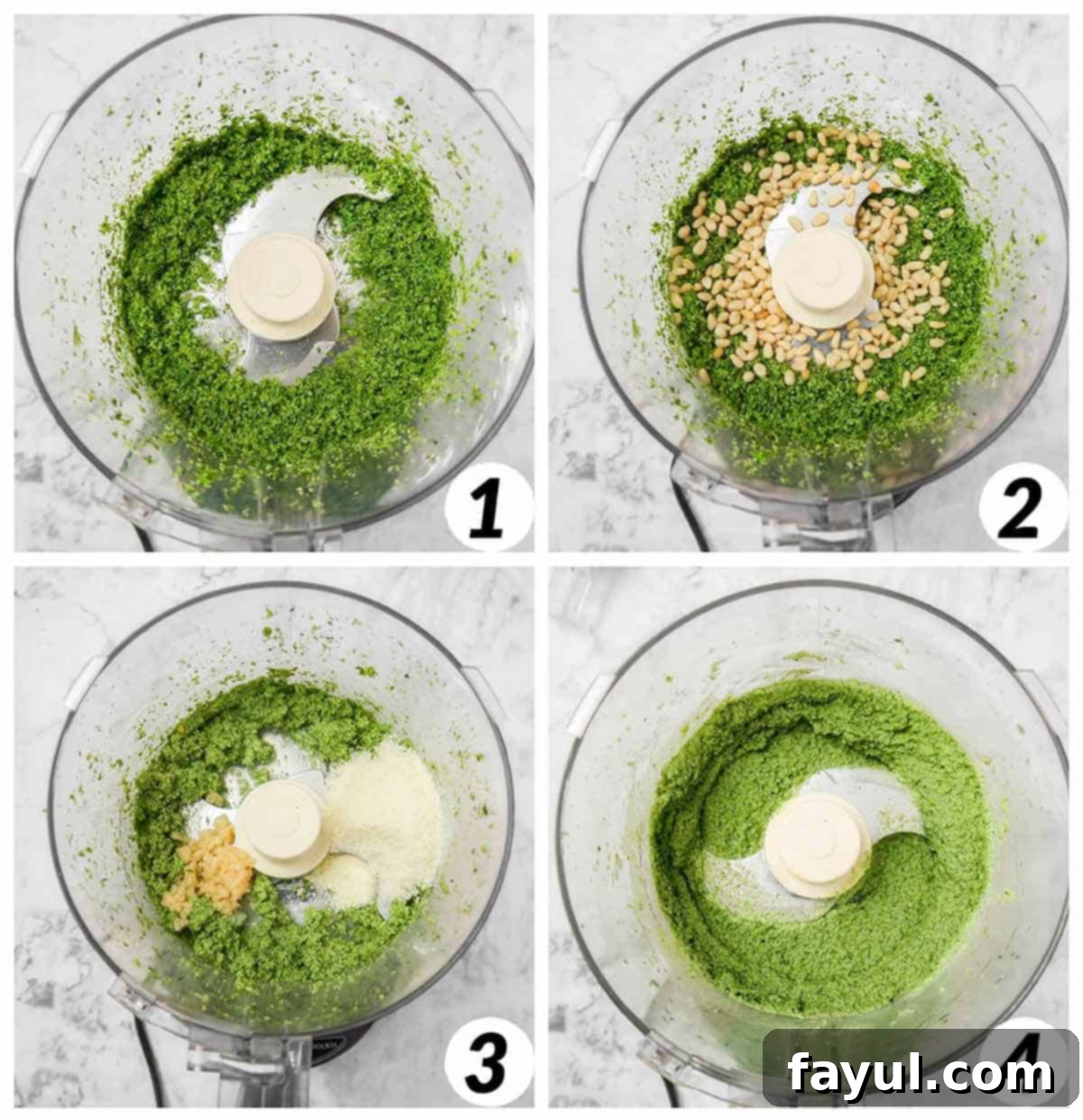 A four-panel collage showing the process of making broccoli pesto: initially combining broccoli and basil, adding pine nuts, then cheese and other seasonings, and finally blending with olive oil until smooth in a food processor.