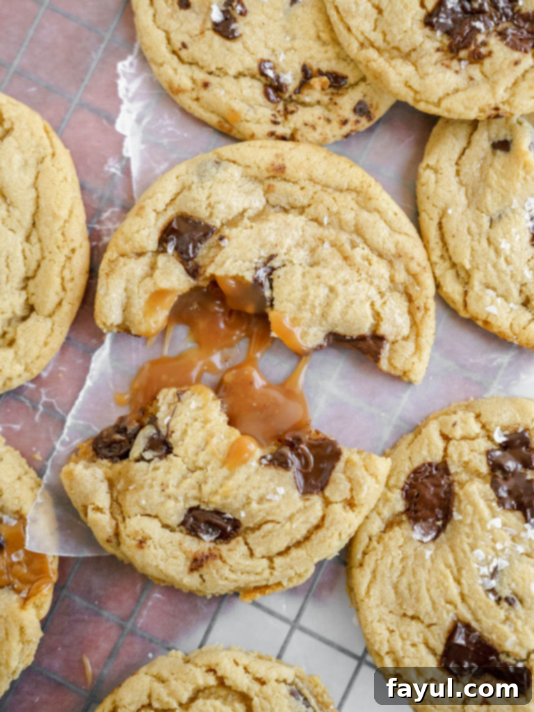 Delicious freshly baked caramel chocolate chip cookies on a cooling rack, sprinkled with sea salt