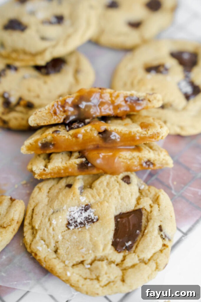 Close-up of a cooled salted caramel chocolate chip cookie, showcasing the perfect texture and chocolate