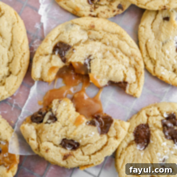 Caramel Chocolate Chip Cookies on a cooling rack