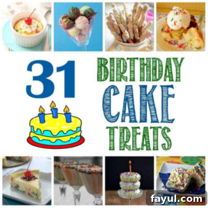 Collage of several different birthday cake treats, featuring cupcakes, cookies, and other desserts.