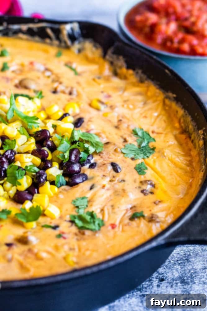 Angle shot of queso in skillet with a bowl of salsa and tortilla chips in the background, highlighting its party appeal.
