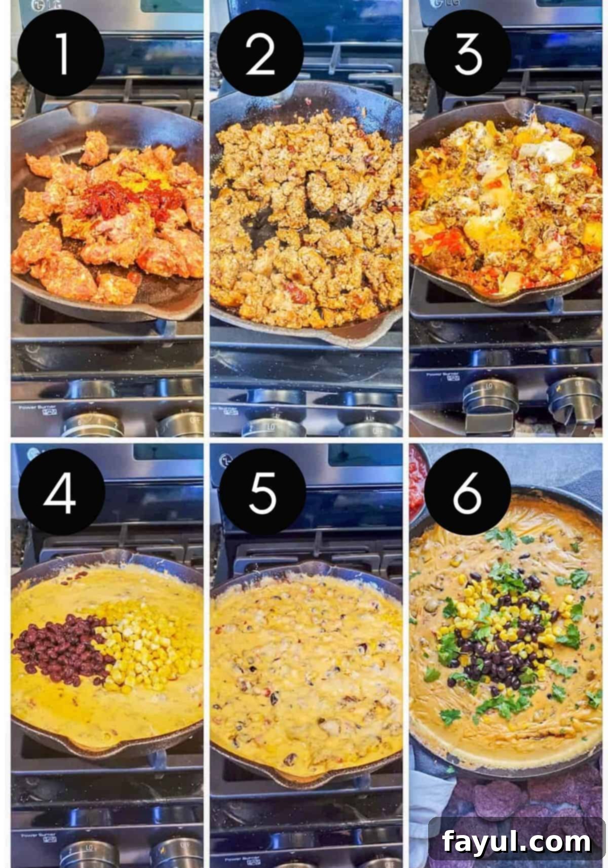 Prep image collage showing the steps of making the Cowboy Queso dip with numbered pictures for easy following.