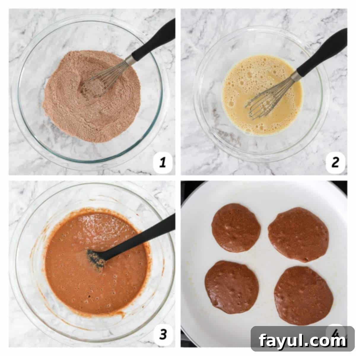 Four panel grid of process shots - mixing dry and wet ingredients separately, combining mixtures together, and forming pancakes on a skillet.