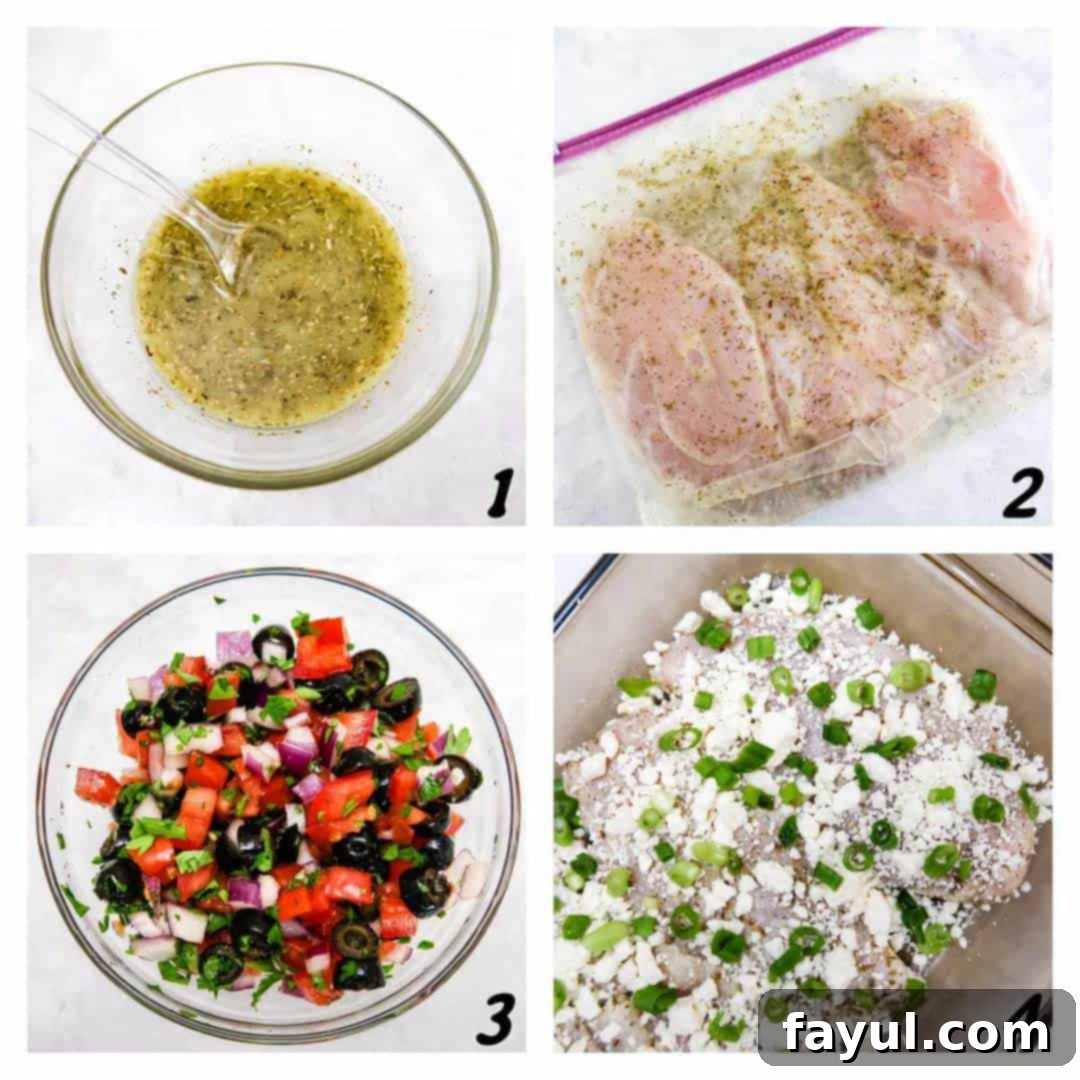 Four panel grid of process shots- mixing ingredients, marinating chicken in bag, and cooking in a pan.