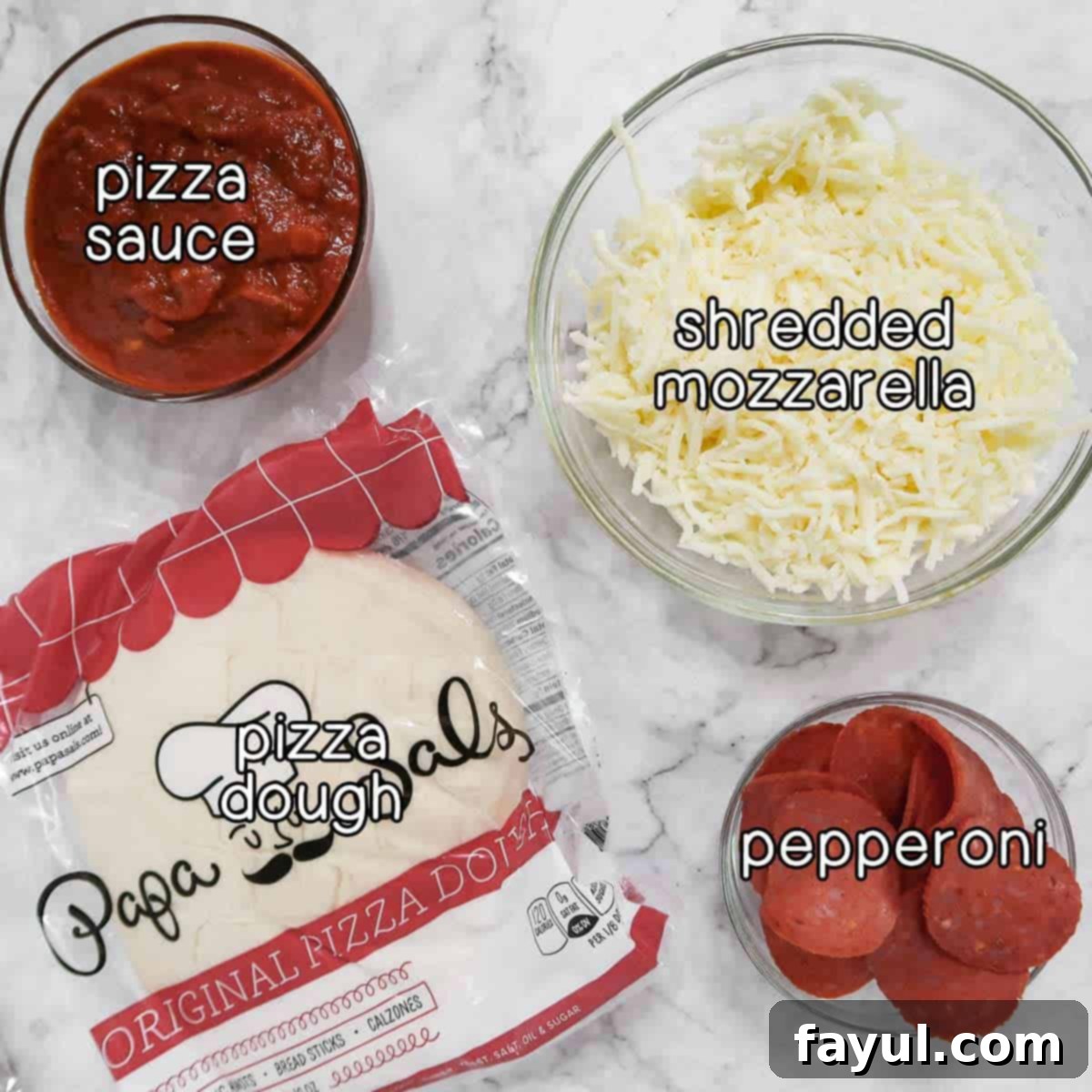 Overhead shot of ingredients - pizza sauce, shredded mozzarella, pepperoni, and pizza dough.