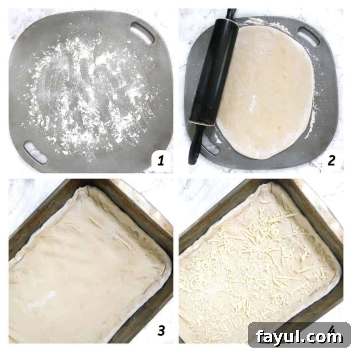 Four panel grid of process shots 1-4 - flouring surface, rolling dough, placing in pan, and layering cheese.