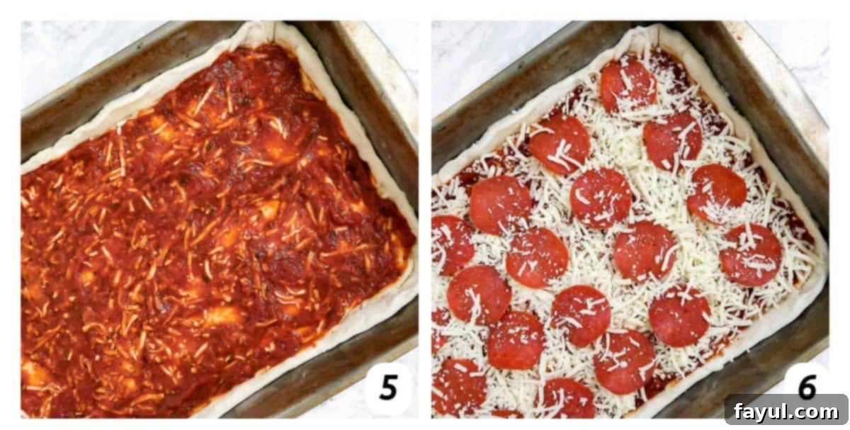 Two panel grid of process shots 5-6 - layering sauce, cheese, and pepperoni on top of dough in pan and baking.
