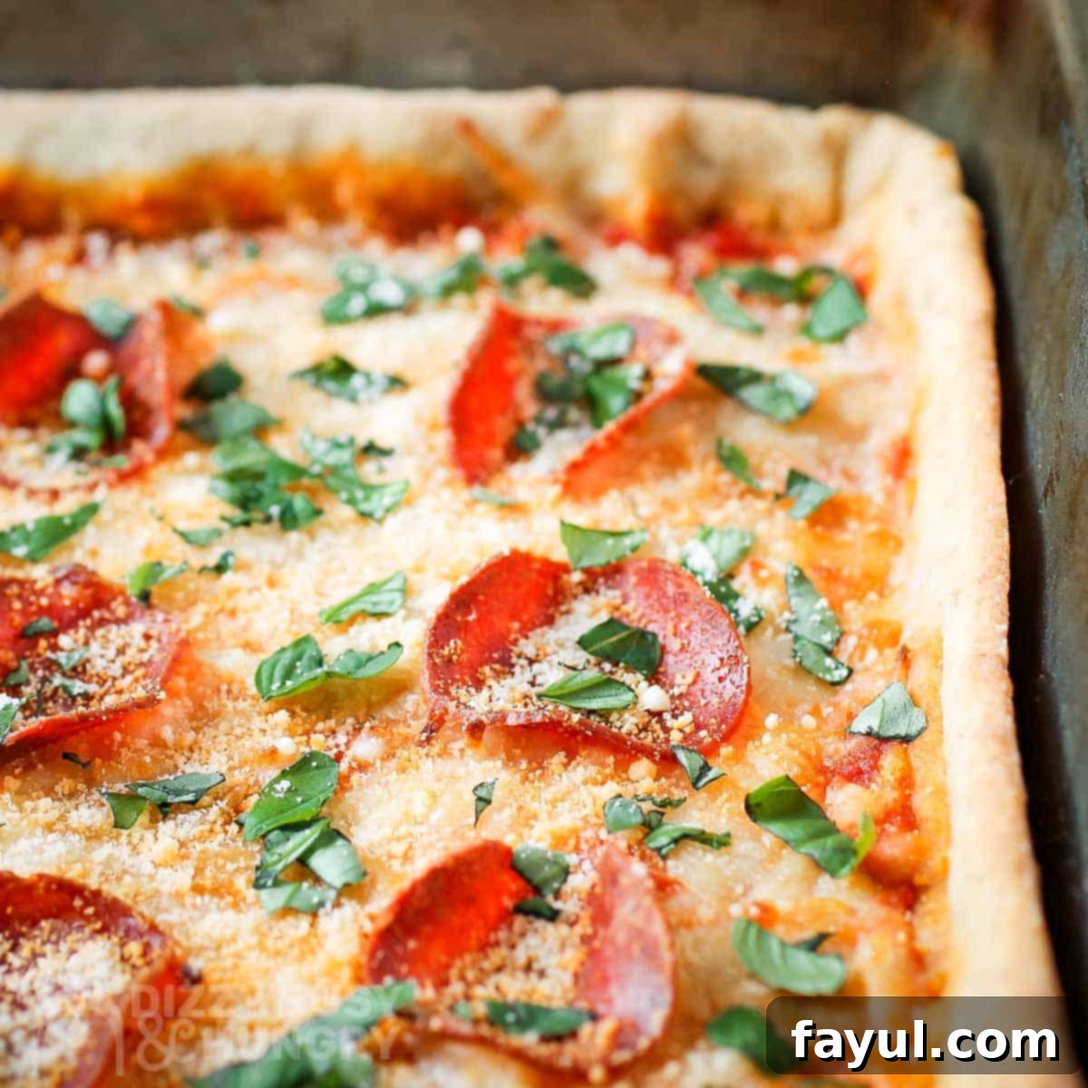 Close up shot of full pan pizza garnished with parmesan cheese and basil.
