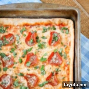 Overhead close up of full pan pizza garnished with parmesan cheese and basil on a blue plaid cloth.