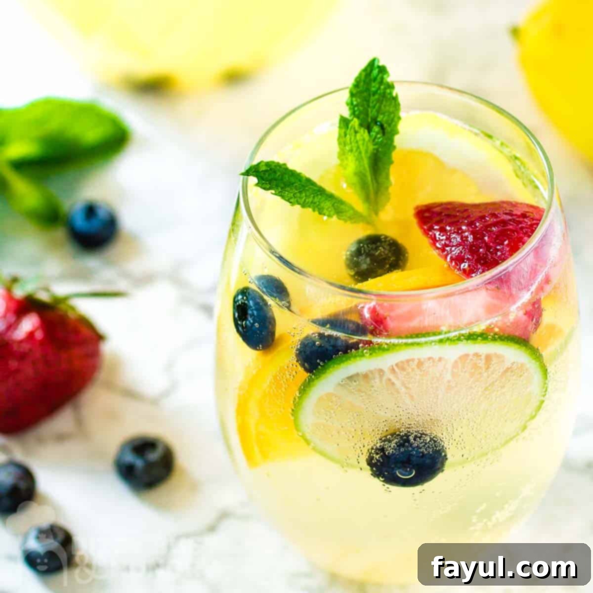 Side shot of a glass wine tumbler with sangria garnished with mint and fruits on a marble surface with a pitcher of it in the background and fruits on the side.