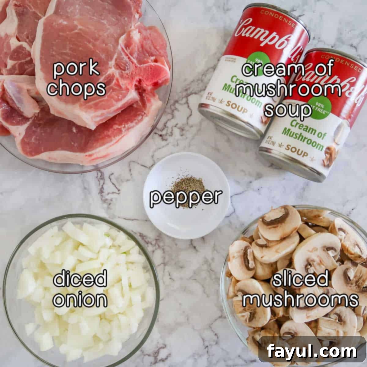 Overhead shot of ingredients - pork chops, cream of mushroom soup, pepper, diced onion, and sliced mushrooms. All laid out on a clean surface.