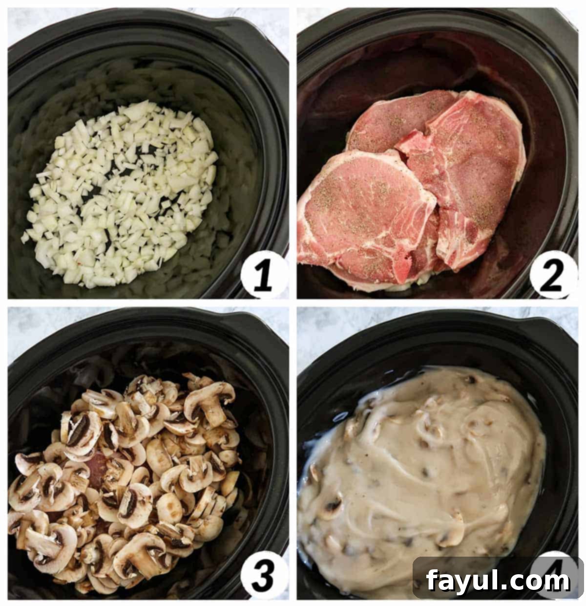 Four panel grid of process shots - combining ingredients in the crock pot and cooking. Showing the layering of onions, pork chops, mushrooms, and soup.