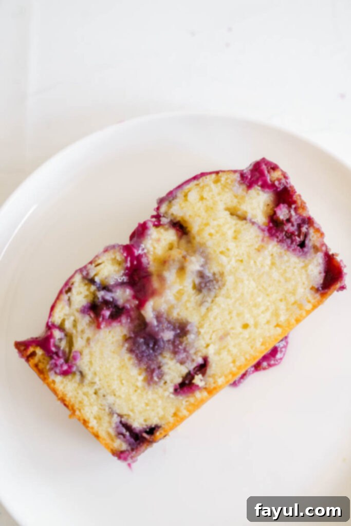 A whole lemon loaf cake with blueberry glaze, photographed from an aerial view on a rustic white background.