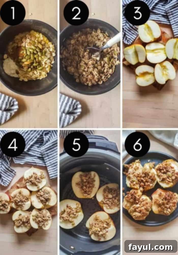 A six-image collage showing the step-by-step process of prepping and cooking apples in an air fryer.
