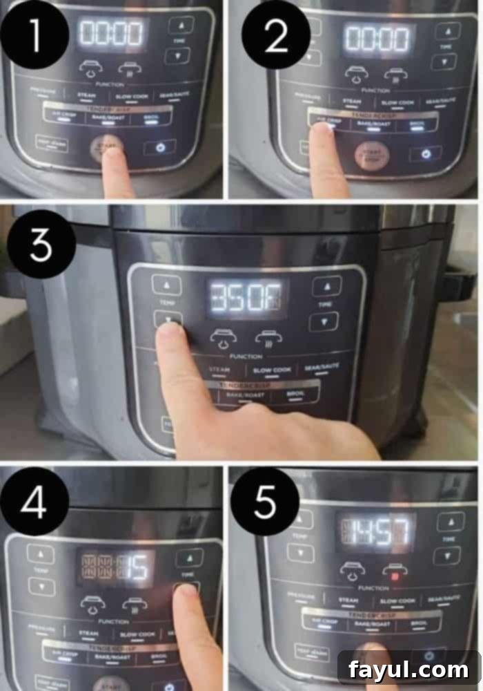 A close-up image of a hand pressing the 'AIR CRISP' button on a Ninja Foodi air fryer, indicating the start of the cooking process for apples.