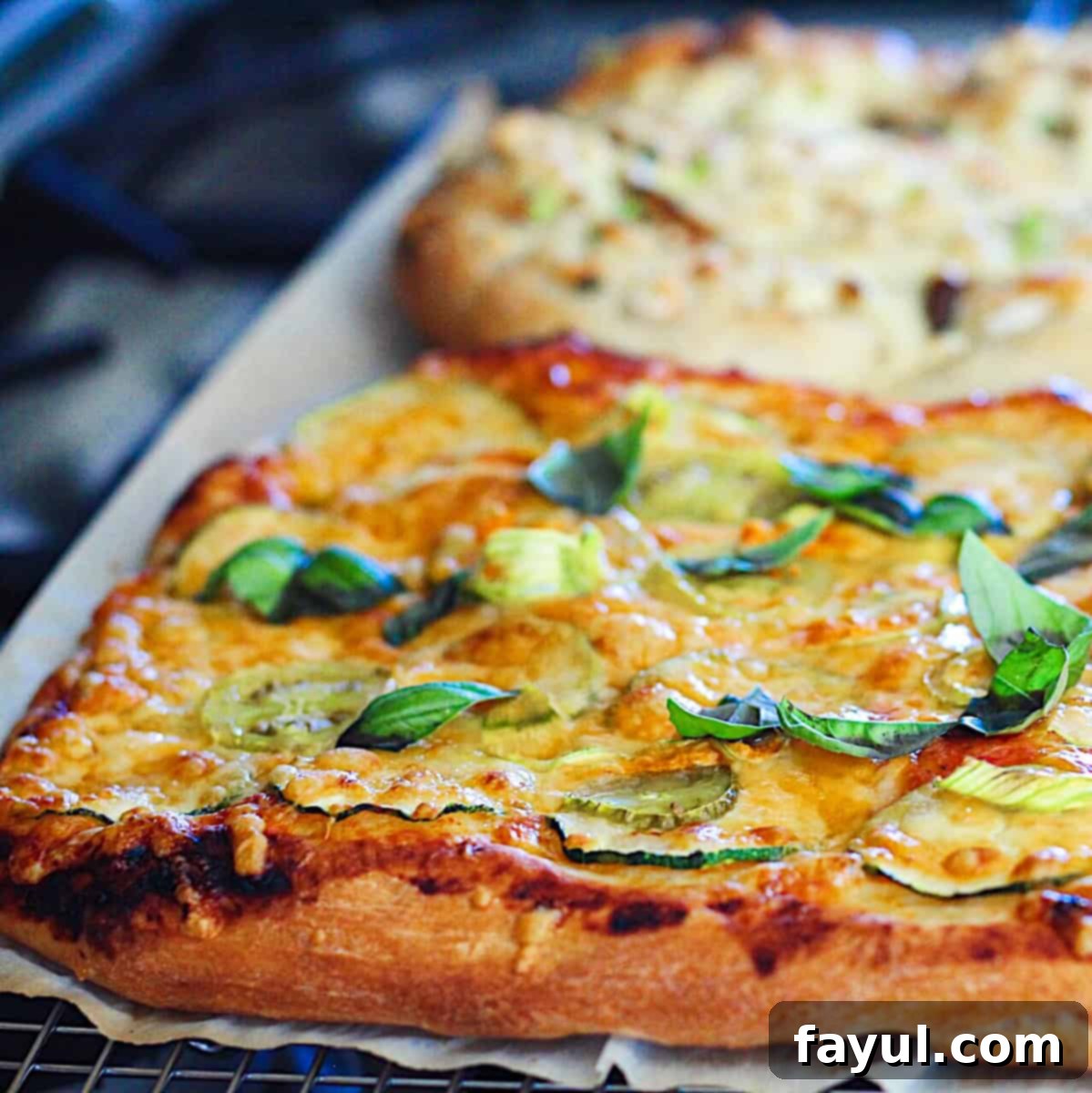 Side shot of Zucchini Flower Pizza with melted cheese, thinly sliced zucchini, and fresh basil leaves, resting on a piece of parchment paper on a blue tile surface.
