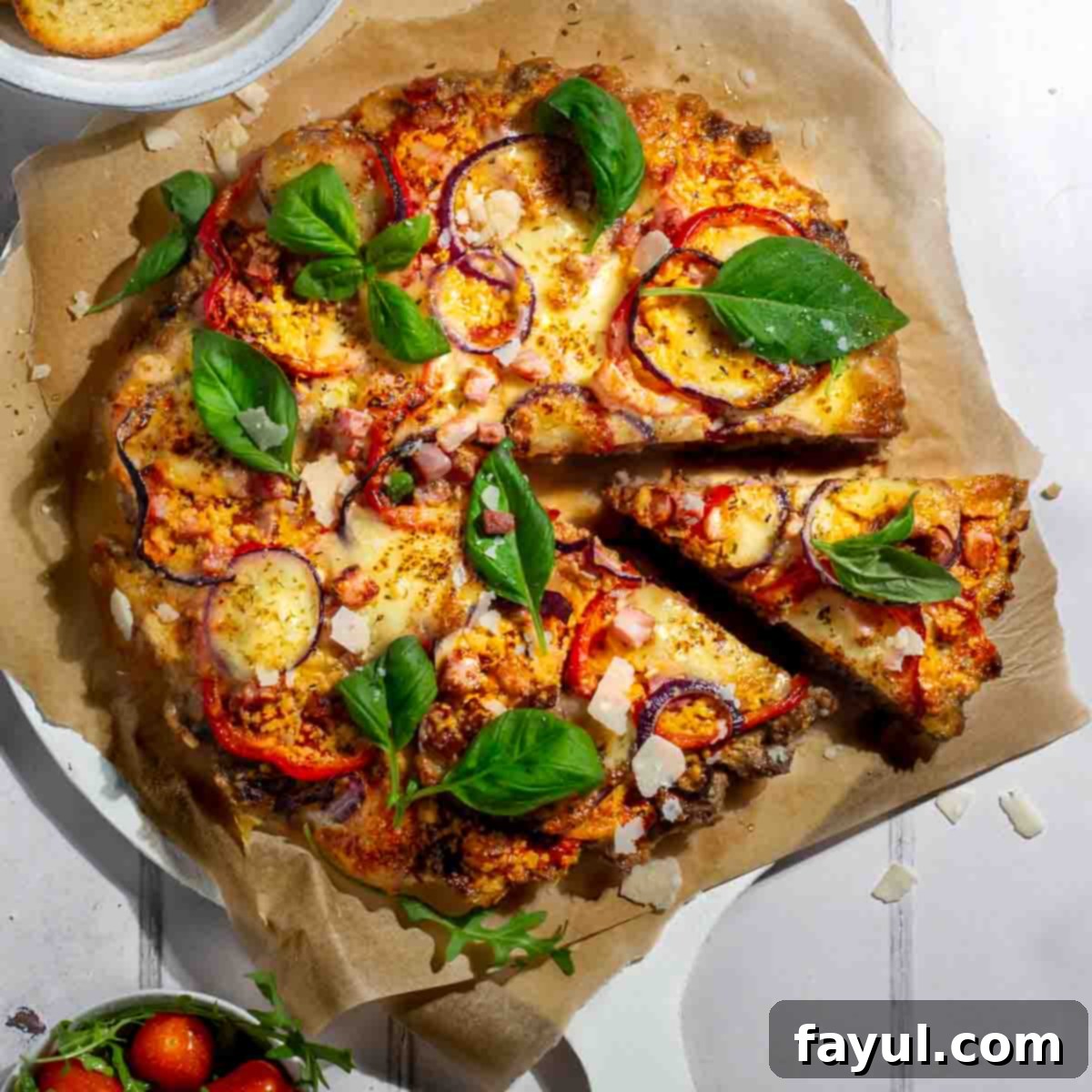 Meatza Pizza, featuring an all-meat crust topped with classic pizza ingredients, perfect for keto diets.