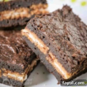 Close up shot of three pumpkin Oreo brownies leaning on each other on a white plate, highlighting their fudgy texture.