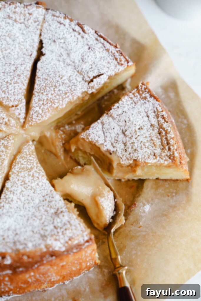 Close-up of the gooey caramel layer of the cake