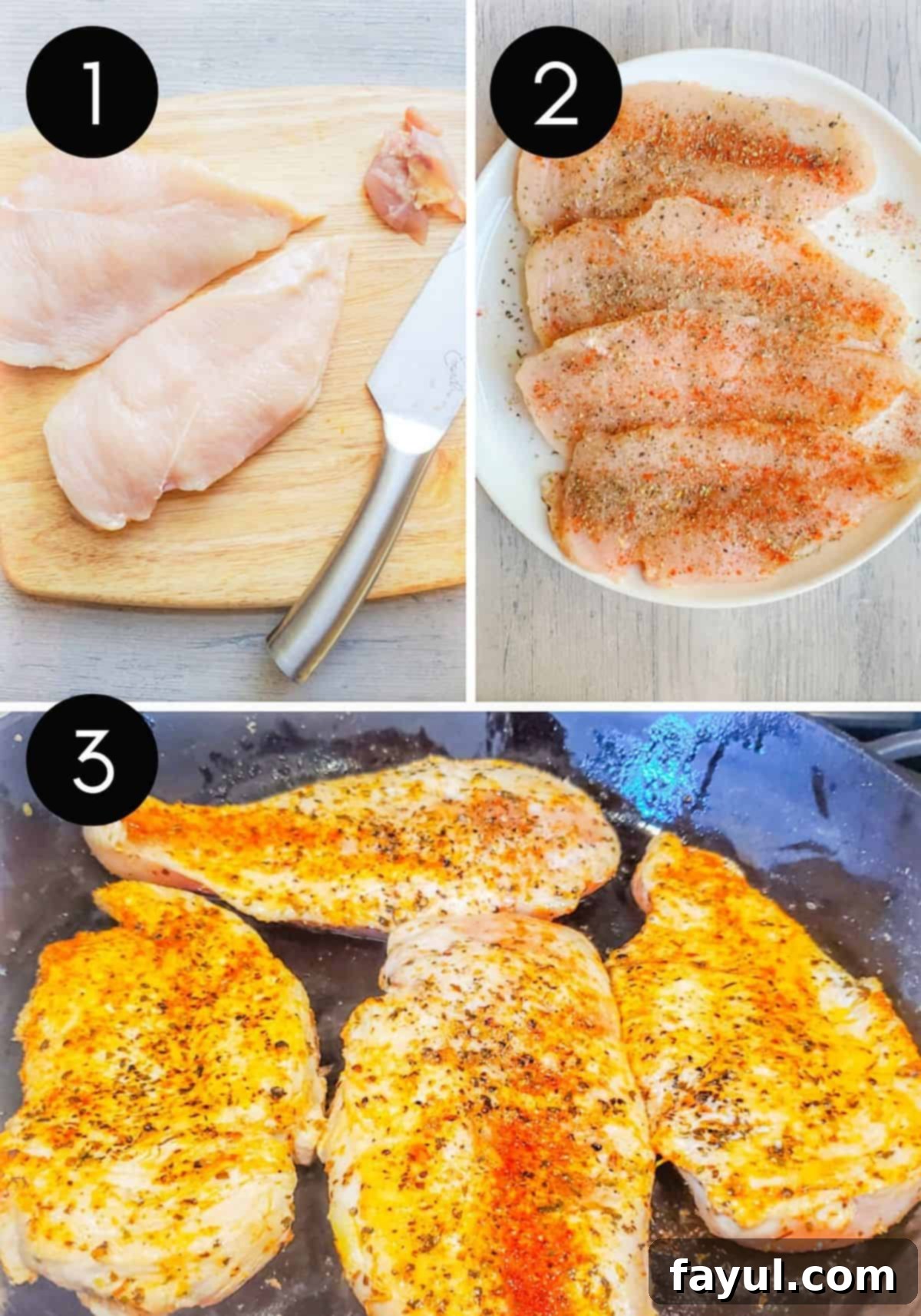 Three prep image collage showing chicken being sliced, seasoned, and seared in a skillet.