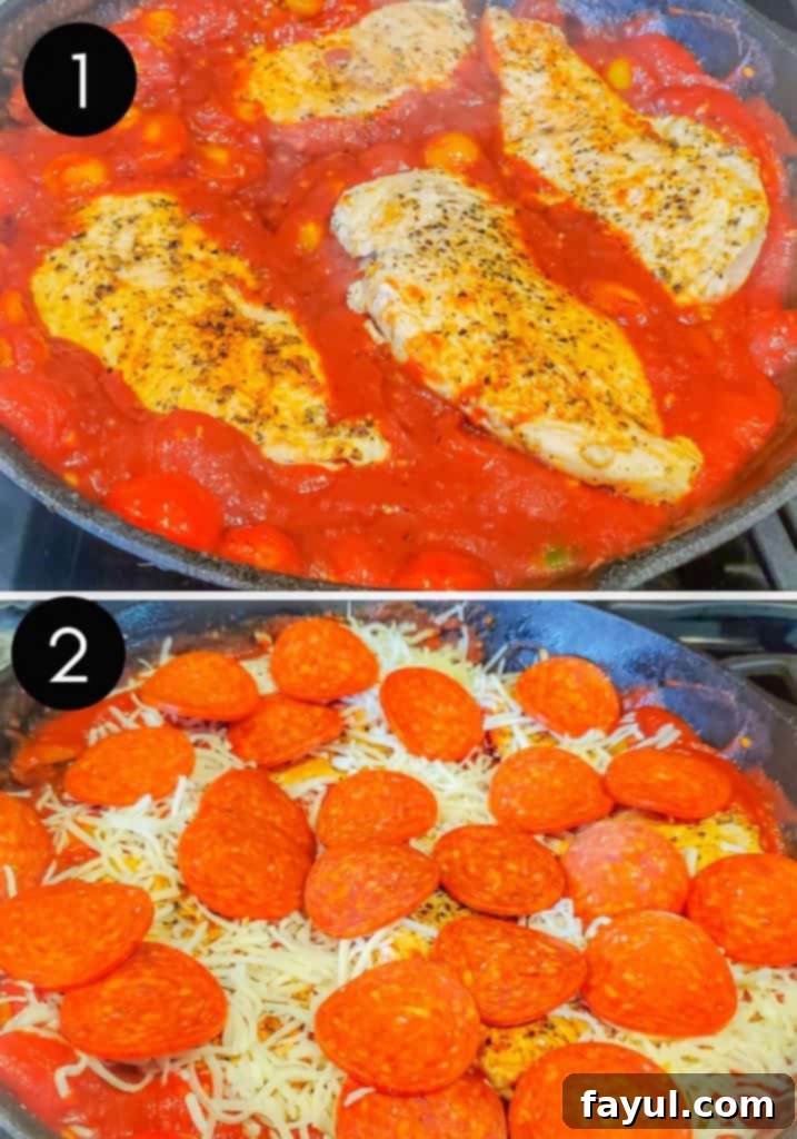 Two prep images of chicken being placed back into the sauce in a skillet and the finished dish with melted cheese and pepperoni.